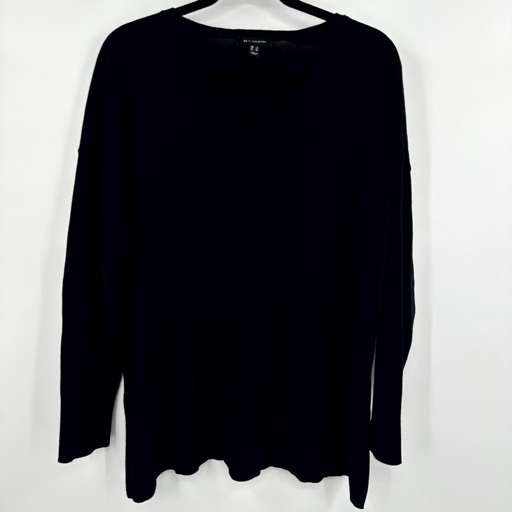 H by Halston Sweater‎ Women's Large Black Tight Knit Ribbed Hem V-Neck Pullover